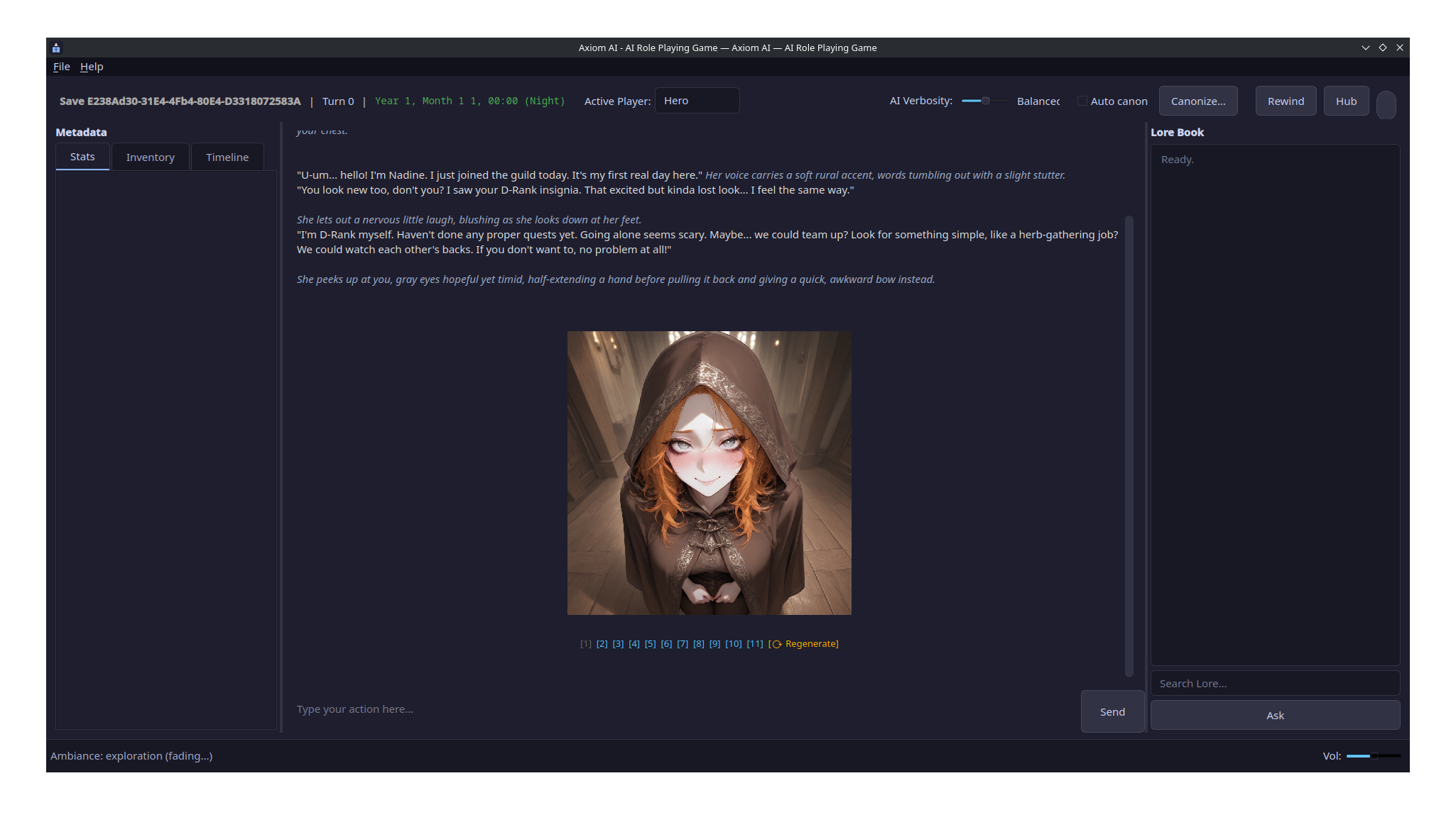 Axiom AI in-game: narration, stats sidebar, lore book and an AI-generated illustration
